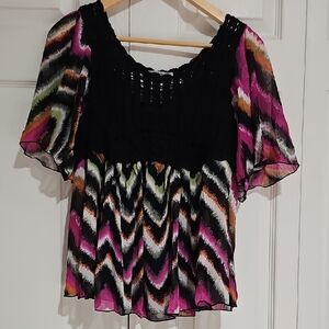 ✨ Signature by Larry Levine Boho Crochet Blouse | Sheer Chevron Print | Layered